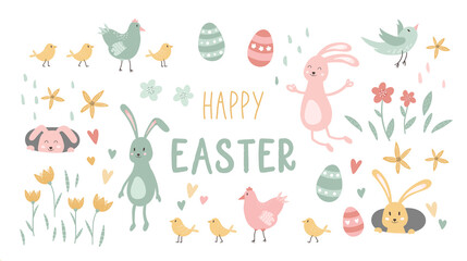 Cute hand drawn Easter elements, lovely bunnies, Easter eggs, flowers and chicken, great for decoration flyer, banners, wallpapers, print products - vector design