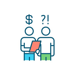Debt collector RGB color icon. Pursuing debts payments. Recovering owed money. Credit bureaus. Payment obligations. Contact with delinquent customer. Credit reports. Isolated vector illustration