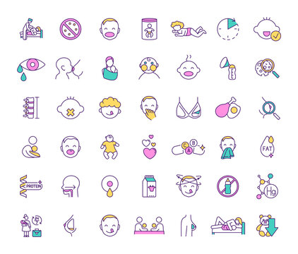 Breastfeeding and baby food RGB color icons set. Feeding method. Milestones. Prenatal education providing. Maternal bond. Breastmilk substitutes. Baby cues. Infancy. Isolated vector illustrations