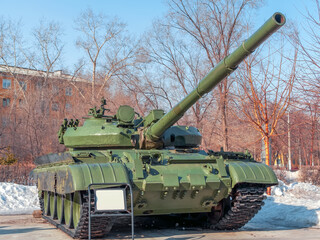Old Soviet tank as military monument.