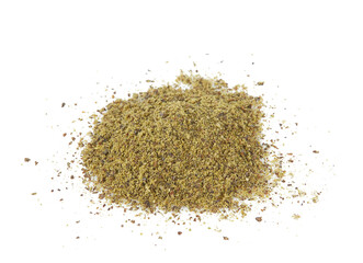 Powdered hemp seeds isolated on white background. Superfood concept. Natural protein powder.