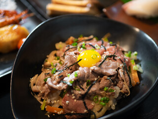 Japanese Menu - Gyudon in the bowl with eggyolk