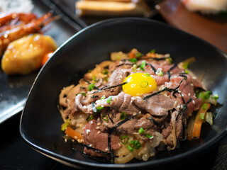 Japanese Menu - Gyudon in the bowl with eggyolk