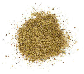 Powdered hemp seeds isolated on white background. Superfood concept. Natural protein powder.