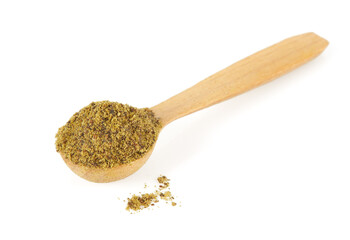 Powdered hemp seeds isolated on white background. Superfood concept. Natural protein powder.