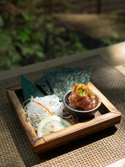 Japanese Menu - Raw Meat Yukke with sauce and salmon ikura