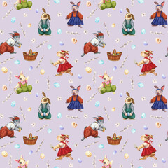 Watercolor bunny seamless pattern. Spring animal background. Rabbits in clothes