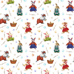 Watercolor bunny seamless pattern. Spring animal background. Rabbits in clothes