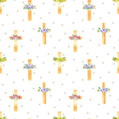 Easter cross seamless pattern Watercolor floral cross  First Communion background.