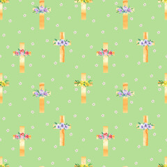 Easter cross seamless pattern Watercolor floral cross  First Communion background.