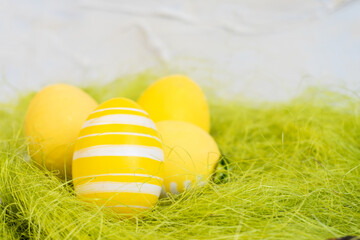  yellow Easter eggs in decorative nest. Space for text. Happy easter.  Easter holiday background with  yellow chicken eggs. Easter card. Easter and holidays concept.  Selective focus.