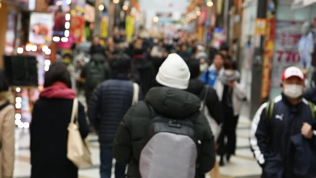 Tokyo Japan Feb 10, 2019 : Blurred motion: Pedestrians walking and shopping at Nakano sun mall , Tokyo, Japan