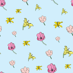 Vector pastel blue background yellow pink floral seamless pattern. Lilies, Tulips. Seamless pattern background