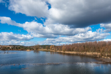 Spring floods on the river floodplain. Made on a sunny day, harsh sun, early afternoon