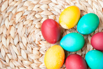 Colorful Easter eggs top view