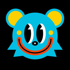 Blue crazy bear, face with smile. Abstract funny cute comic character. Color vector trendy illustration face isolated on a black background. Cartoon style, flat design. For prints, logo, stories, card