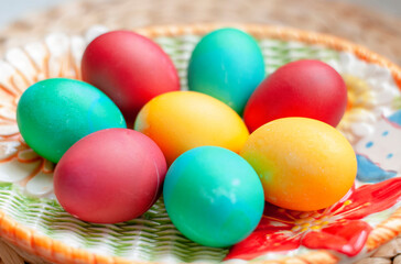Colorful easter eggs on a plate