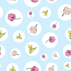 Vector pastel blue background yellow pink floral seamless pattern. Lilies, Tulips. Seamless pattern background