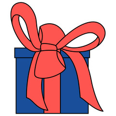 Beautiful packaging for a gift. A gift in a blue cardboard box with a large red bow of the tape. Vector icon for web, style flat with stroke, isolated on white.