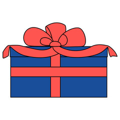 Beautiful red bow on a blue box for a surprise. Gift box with satin ribbon. Vector icon for web, isolated on white, style flat with stroke.