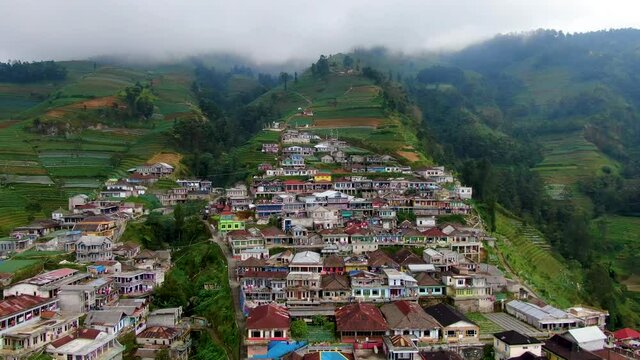 Remote village terraced houses and fields on Mount Sumbing slope, Java, aerial