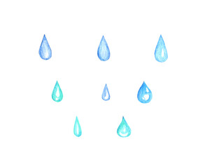 Watercolor collection of blue droplets isolated on a white background. A drop. Cartoon rain. Hand drawing. Illustration