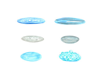 Set watercolor cartoon puddles of blue and gray isolated on a white background. Water. Rain. Hand-drawn illustration