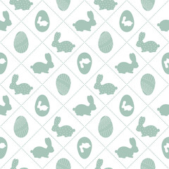 Easter seamless pattern with icons of painted eggs and rabbits. Egg hunt vector illustrations, christianity traditional celebration wallpaper. olive color