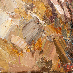 Embossed pasty oil paints and reliefs. Primary colors: ocher, white, brown.  Abstract art.