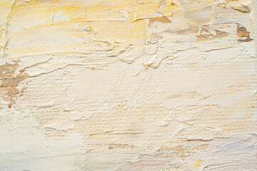 Embossed pasty oil paints and reliefs. Primary colors: ocher, brown, white.  Abstract art.