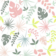 Seamless background with leaves of light shades. Repeating delicate pattern. Different leaves in a chaotic manner. Blossom pattern. Vector.