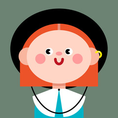 Obraz premium A red-haired girl in a black hat. Dressed in a dress with a white collar. Cute comic character. Abstract cartoon style, vector illustration, isolate. International Women's Day, March 8. A feminist. 