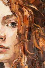 Art painting. Fragment of portrait of a girl with brown hair is made in a classic style. .