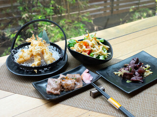 Japanese Menu - Variety of Japanese food - Beef Teriyaki, Fried fish salad and mixed sashimi