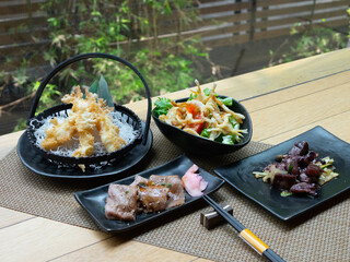 Japanese Menu - Variety of Japanese food - Beef Teriyaki, Fried fish salad and mixed sashimi