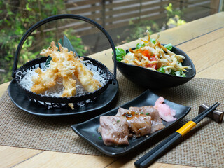 Japanese Menu - Variety of Japanese food - Beef Teriyaki, Fried fish salad and mixed sashimi