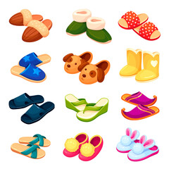 Set colorful cartoon funny house slippers vector home footwear with cute animal muzzle foot garment