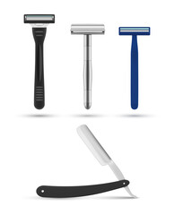 Bundle of realistic metal male razors for wet shaving vector flat illustration sharp shave equipment
