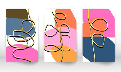 Set of geometric shapes. Abstract hand drawn watercolor effect design elements. Modern art print. Contemporary design with doodle shapes. Golden lines.