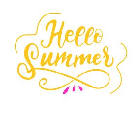 Hello Summer handwritten lettering. Hello Summer typography vector design for greeting cards and poster. Design template celebration. Vector illustration.