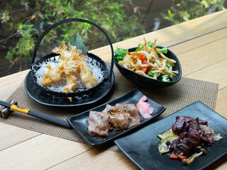 Japanese Menu - Variety of Japanese food - Beef Teriyaki, Fried fish salad and mixed sashimi