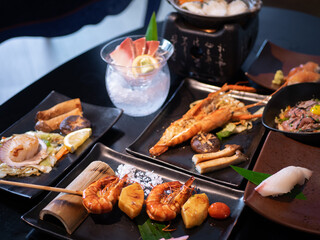 Japanese Menu - Variety of Japanese food - Fish hotpot, Grilled River prawn, Seafood Teppanyaki, Gyudon, Shrimp Skewer and Suzuki Sashimi