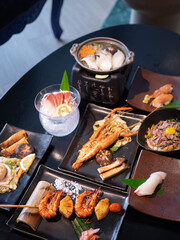 Japanese Menu - Variety of Japanese food - Fish hotpot, Grilled River prawn, Seafood Teppanyaki, Gyudon, Shrimp Skewer and Suzuki Sashimi