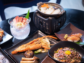 Japanese Menu - Variety of Japanese food - Fish hotpot, Grilled River prawn, Seafood Teppanyaki, Gyudon, Shrimp Skewer and Suzuki Sashimi
