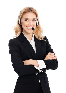 Call Center. Smiling Female Support Phone Operator In Headset, In Black Suit, Isolated Over White Background. Customer Service Help Consulting. Portrait Of Confident Business Woman At Studio.