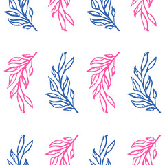 Vector seamless pattern of wild twigs and leaves of blue and pink. Botanical background on a white background. Great for printing on fabric and paper.