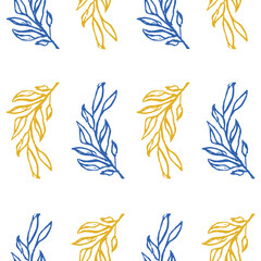 Fototapeta na wymiar Vector seamless pattern of wild twigs and leaves of blue and yellow. Botanical background on a white background. Great for printing on fabric and paper.