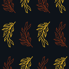 Vector seamless pattern of wild twigs and brown and yellow leaves. Botanical background on a dark gray background. Great for printing on fabric and paper.