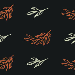 Fototapeta na wymiar Vector seamless pattern of wild twigs and leaves. Botanical background on a dark gray background. Great for printing on fabric and paper.