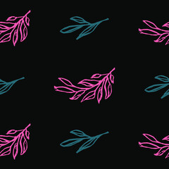 Fototapeta na wymiar Vector seamless pattern of wild twigs and leaves of blue and pink. Botanical background on a black background. Great for printing on fabric and paper.